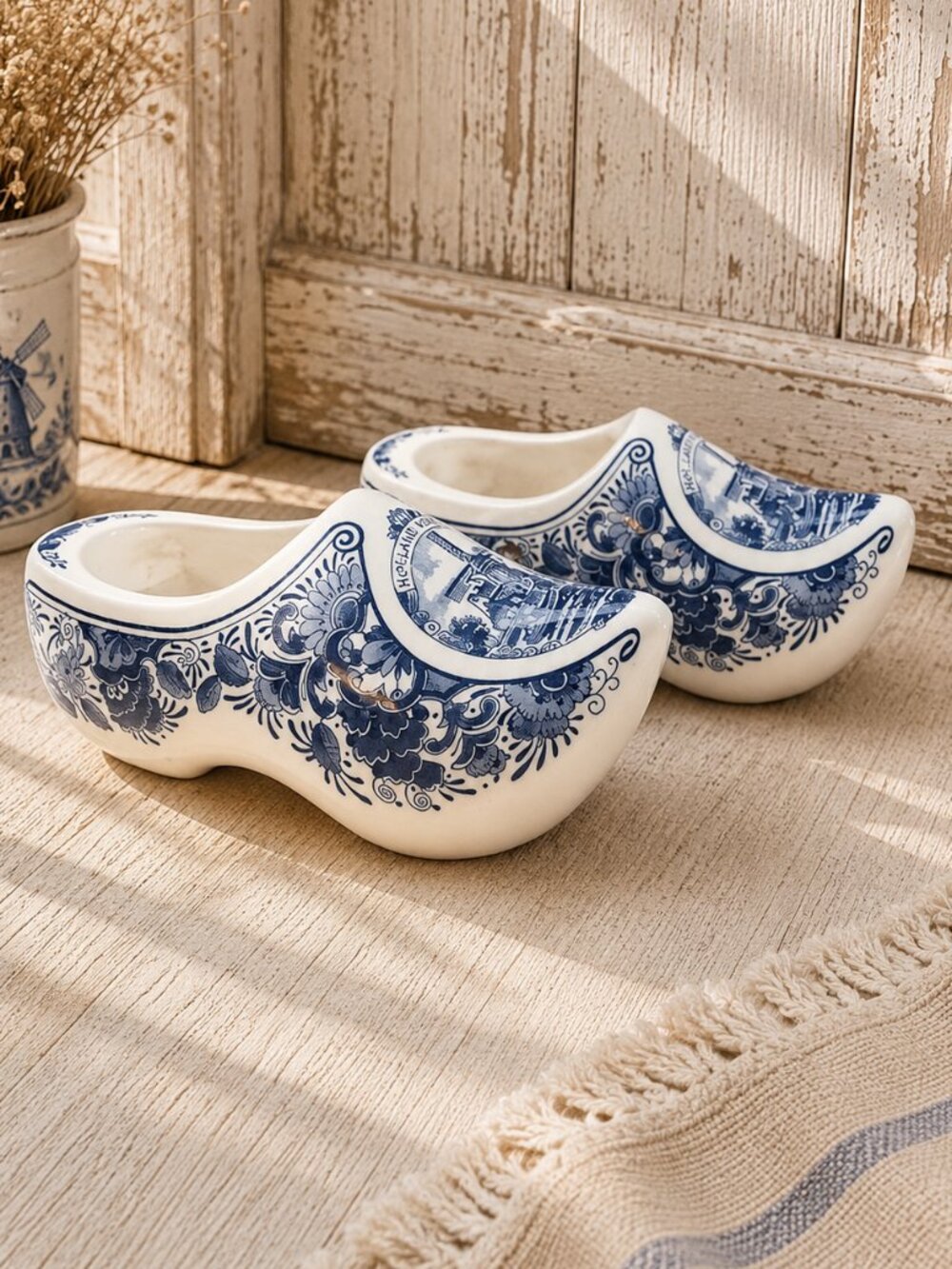 Vintage Delft Blue Windmill Pattern Dutch Wooden Shoes